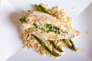 Baked Garlic Butter Chicken with Asparagus and Brown Rice