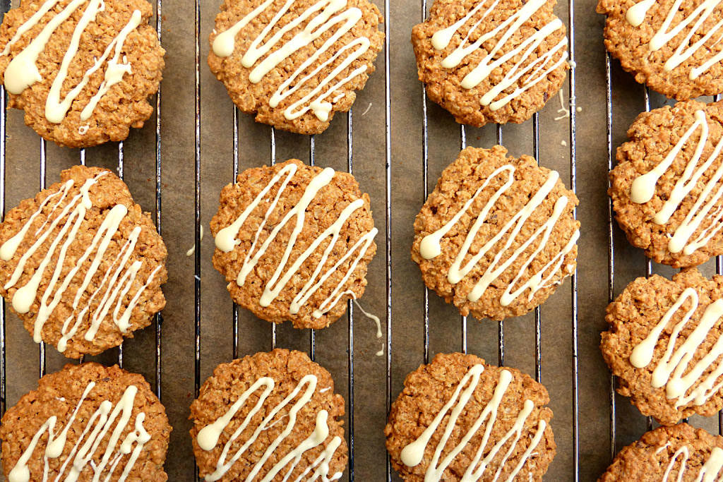 Gluten Free Oat Cookies with a White Chocolate Drizzle