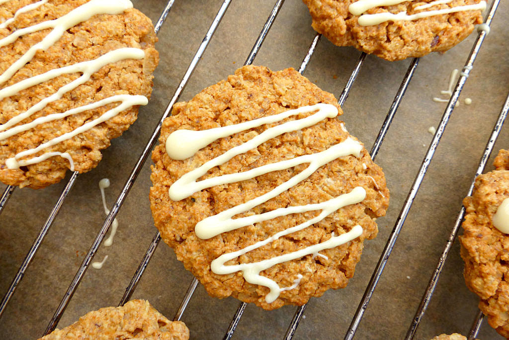 Gluten Free Oat Cookies with a White Chocolate Drizzle