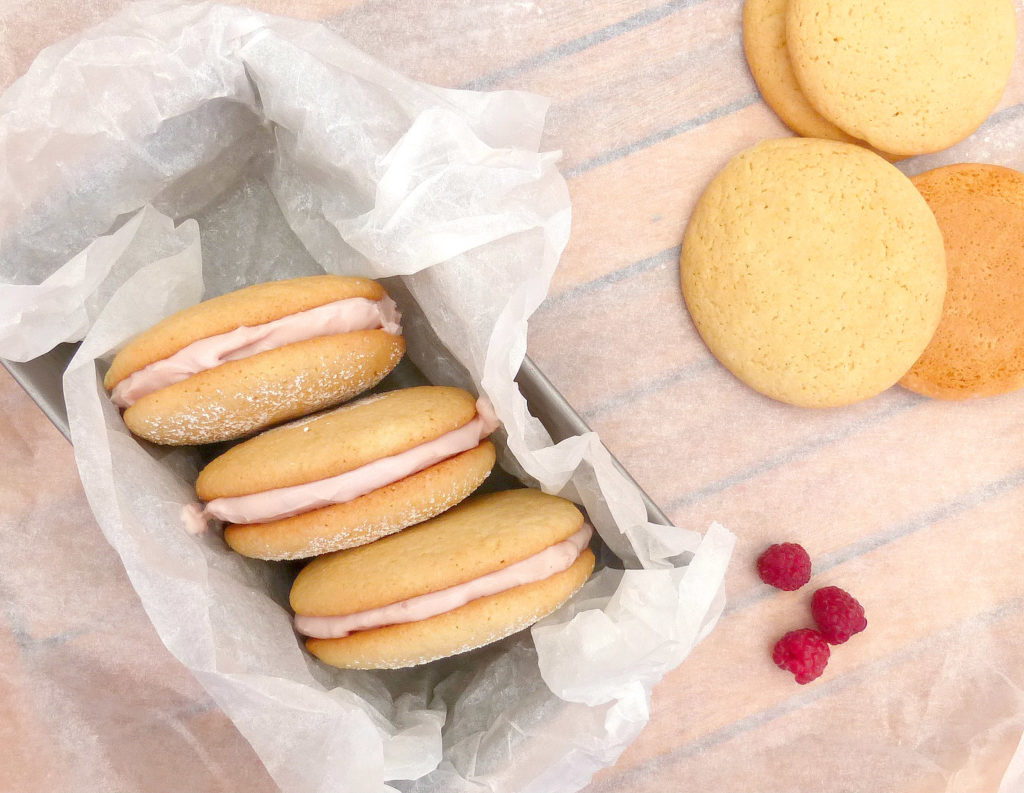 Vanilla Cookies with a Raspberry Meringue Cream Cheese Filling 
