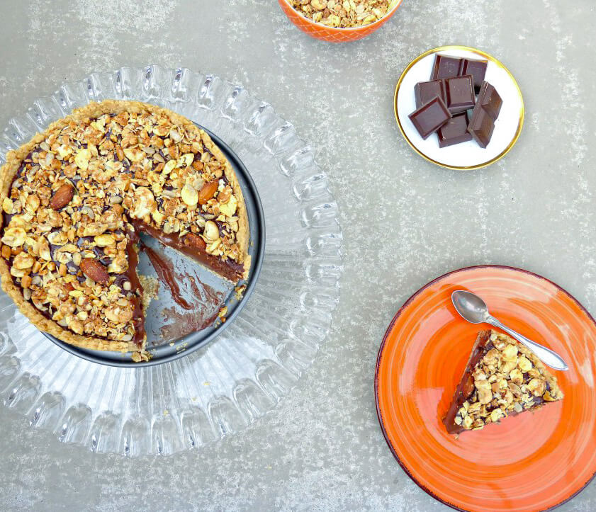 Chocolate Silk Pie with a Peanut Butter Granola Topping (gluten free)