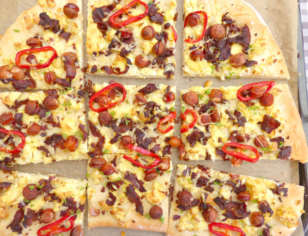 Sausage, Bacon and Scrambled Egg Breakfast Pizza