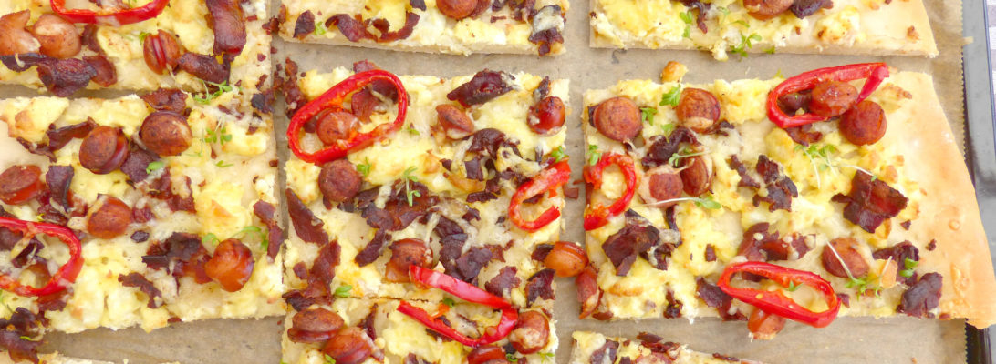 Sausage, Bacon and Scrambled Egg Breakfast Pizza