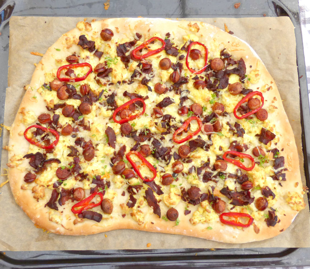 Sausage Bacon and Scrambled Egg Breakfast Pizza