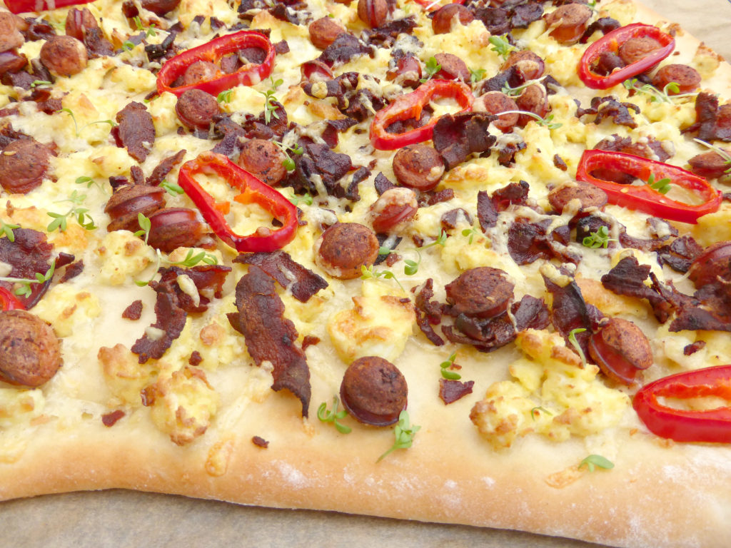 Sausage Bacon and Scrambled Egg Breakfast Pizza