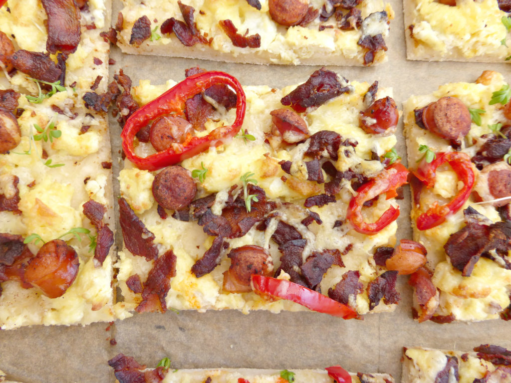 Sausage, Bacon and Scrambled Egg Breakfast Pizza