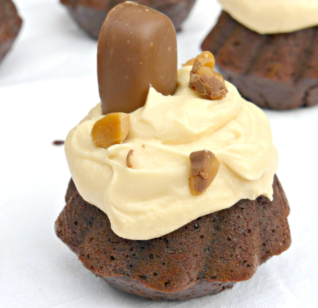 Chocolate Bundt Cakes with Caramel Cream Cheese Frosting