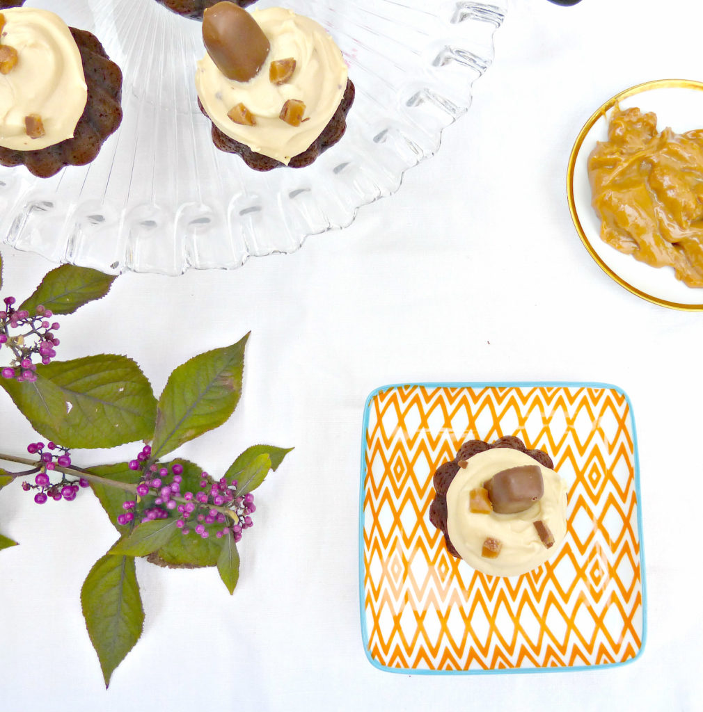 Chocolate Bundt Cakes with Caramel Cream Cheese Frosting