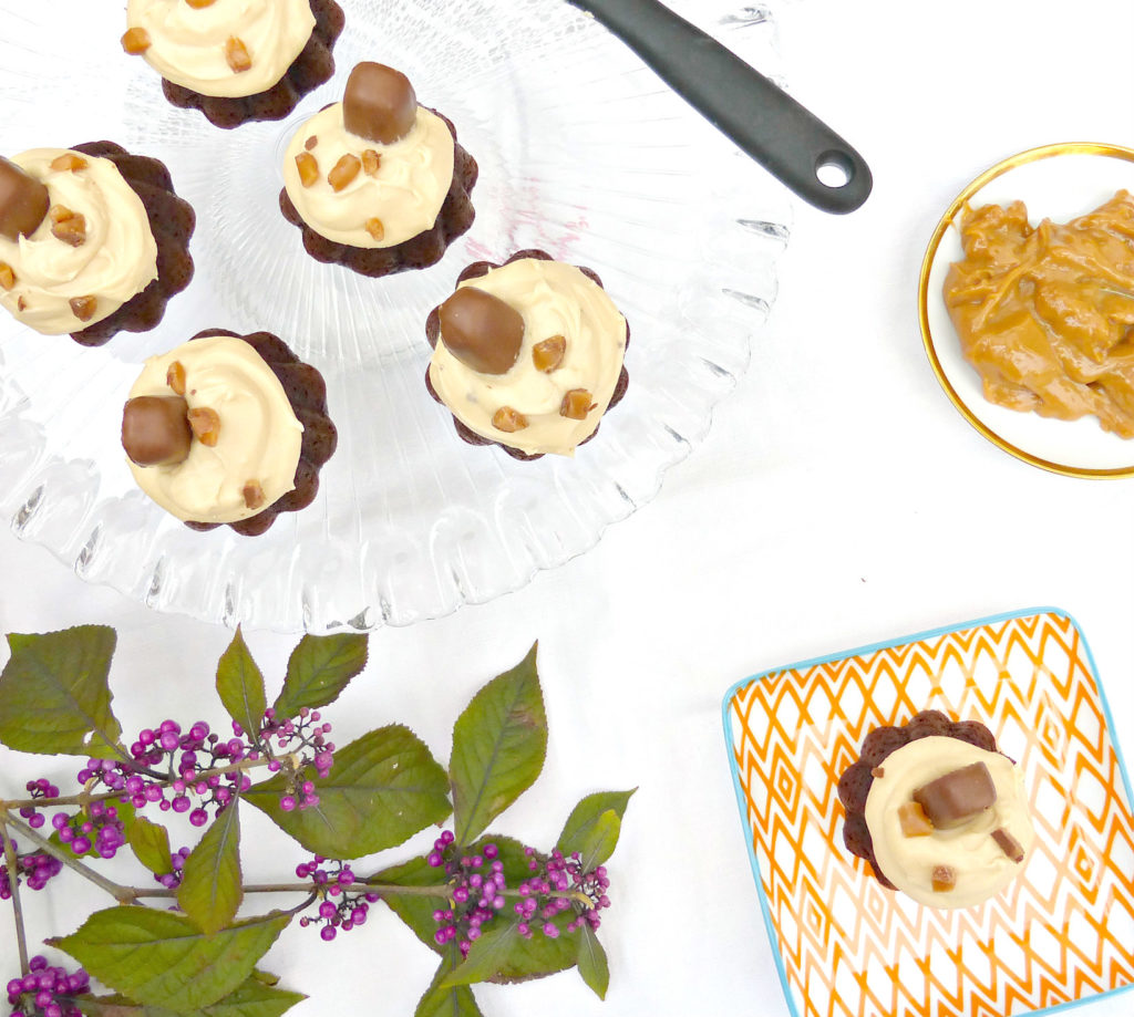 Chocolate Bundt Cakes with Caramel Cream Cheese Frosting