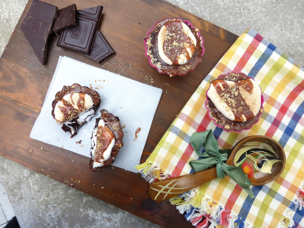 S’mores Molten Brownie Cupcakes with Marshmallow Frosting