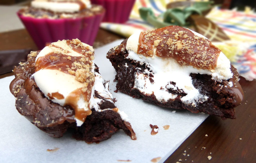 S’mores Molten Brownie Cupcakes with Marshmallow Frosting