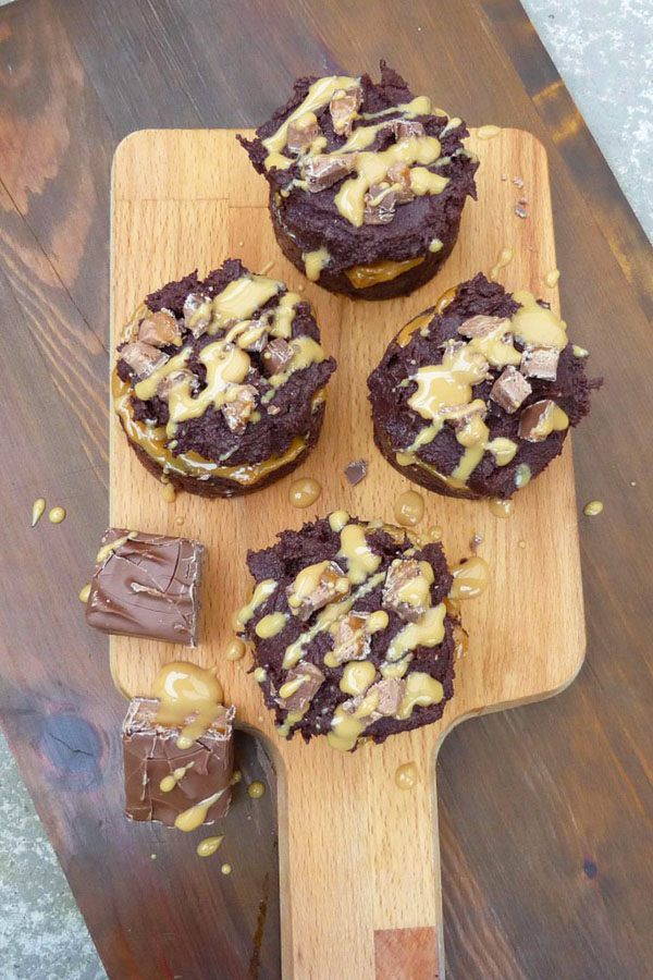 Caramel Mars Bar Brownie Cakes with Chocolate Cream Cheese Frosting