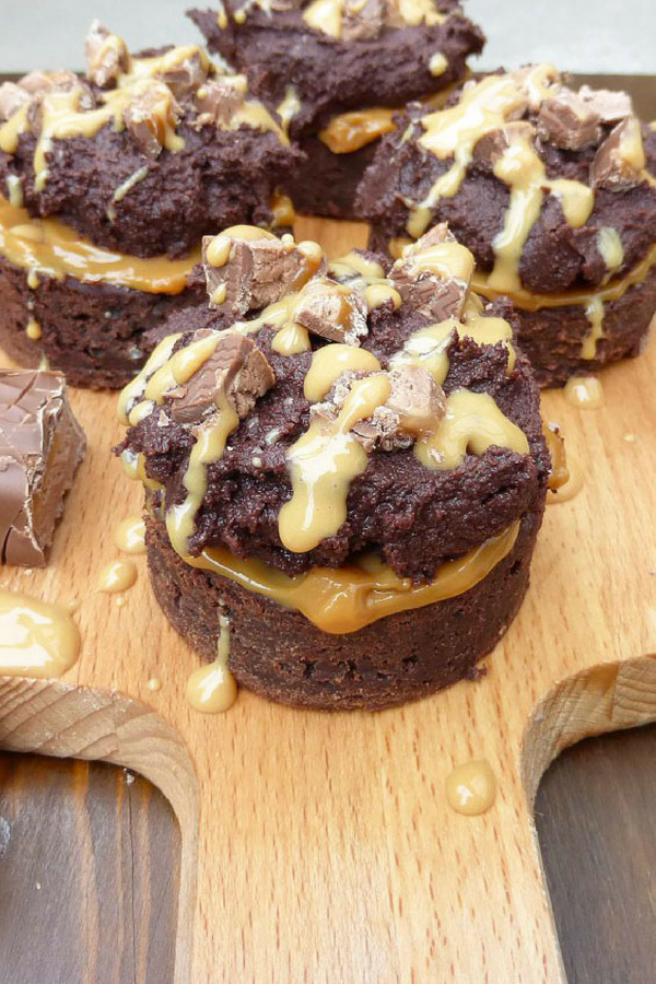 Caramel Mars Bar Brownie Cakes with Chocolate Cream Cheese Frosting