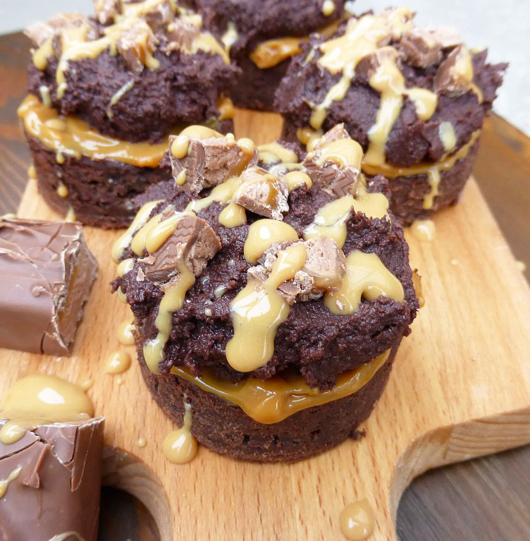 Caramel Mars Bar Brownie Cakes with Chocolate Cream Cheese Frosting