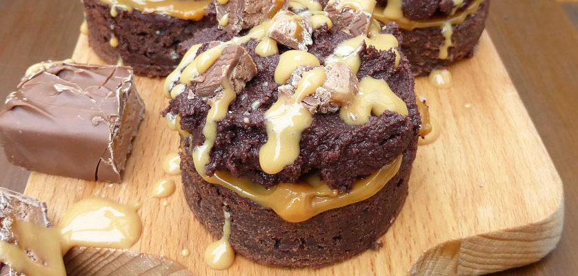 Caramel Mars Bar Brownie Cakes with Chocolate Cream Cheese Frosting