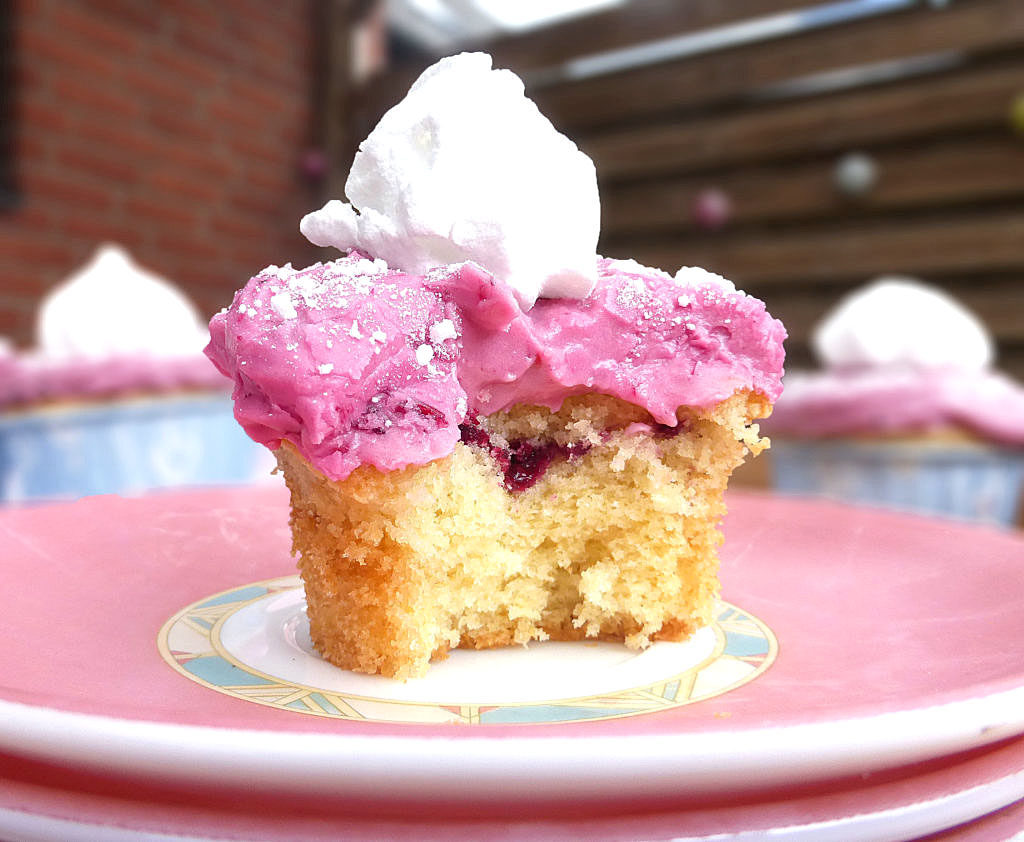 Vanilla and Berry Swirl Cupcakes with a Berry Cream Cheese Frosting