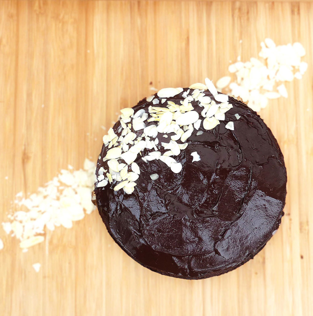 Chocolate Almond Cake with a Dark Chocolate Ganache (no refined sugar & GF)