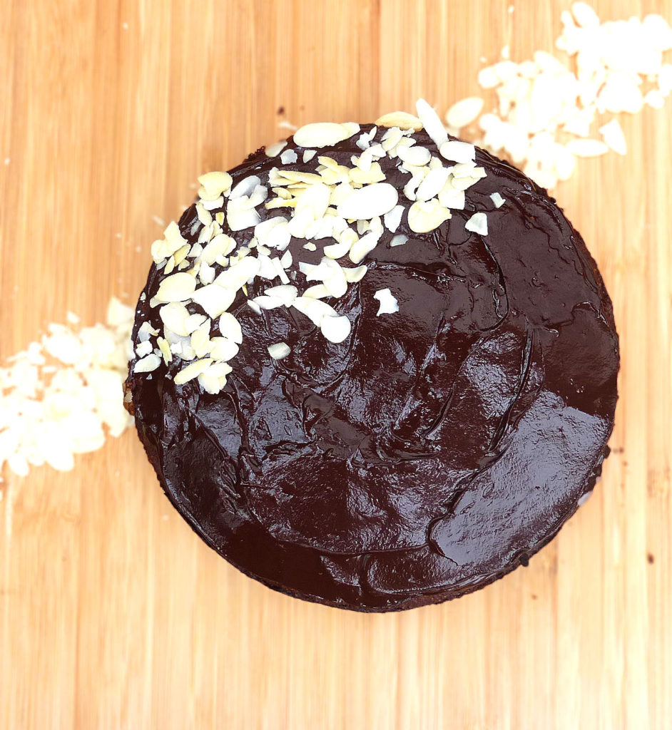 Chocolate Almond Cake with a Dark Chocolate Ganache (no refined sugar & GF)