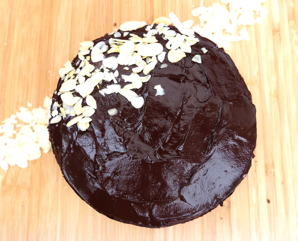 Chocolate Almond Cake with a Dark Chocolate Ganache (no refined sugar & GF)