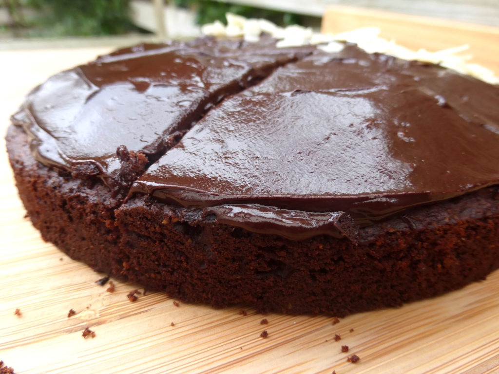 Chocolate Almond Cake with a Dark Chocolate Ganache (no refined sugar & GF)