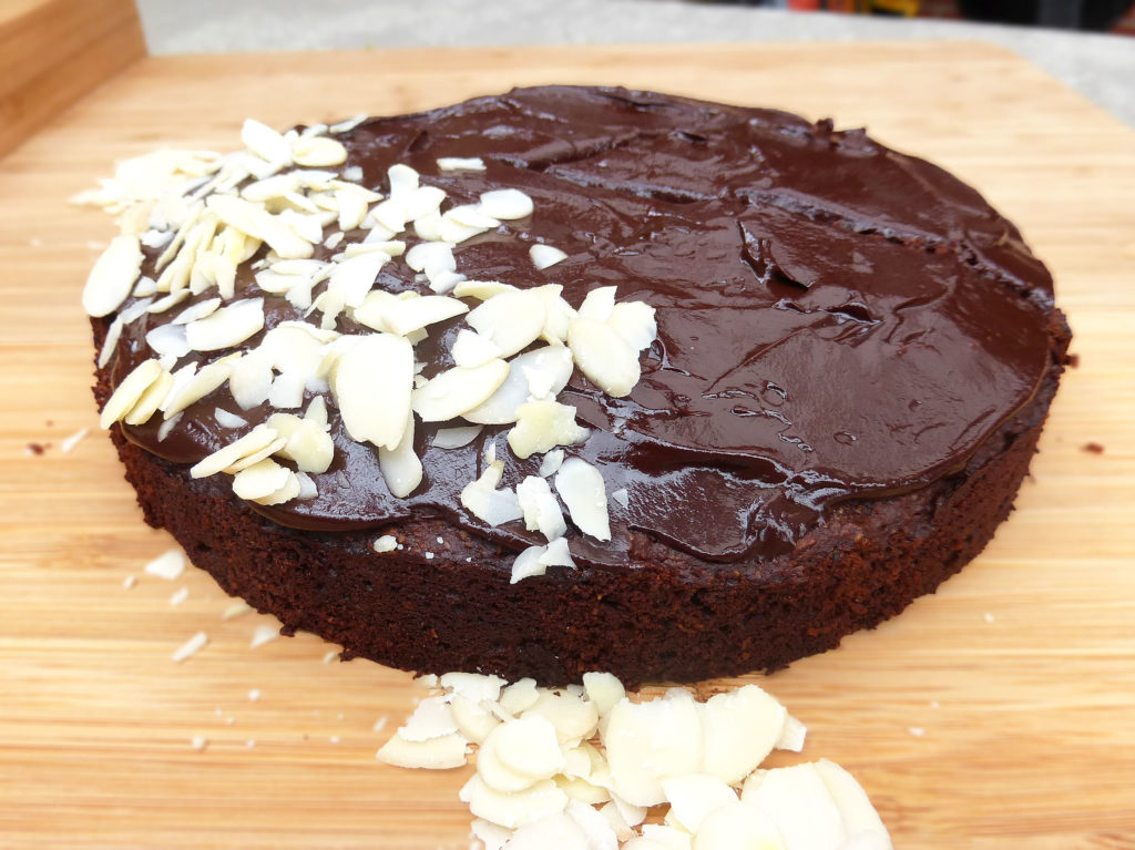 Chocolate Almond Cake with a Dark Chocolate Ganache (no refined sugar & GF)