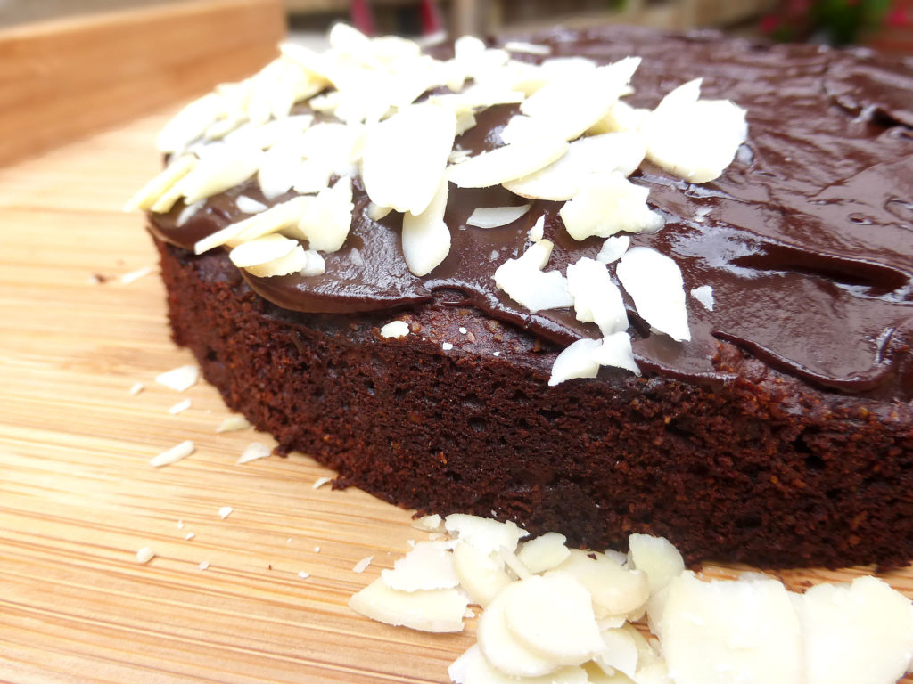 Chocolate Almond Cake with a Dark Chocolate Ganache (no refined sugar & GF)