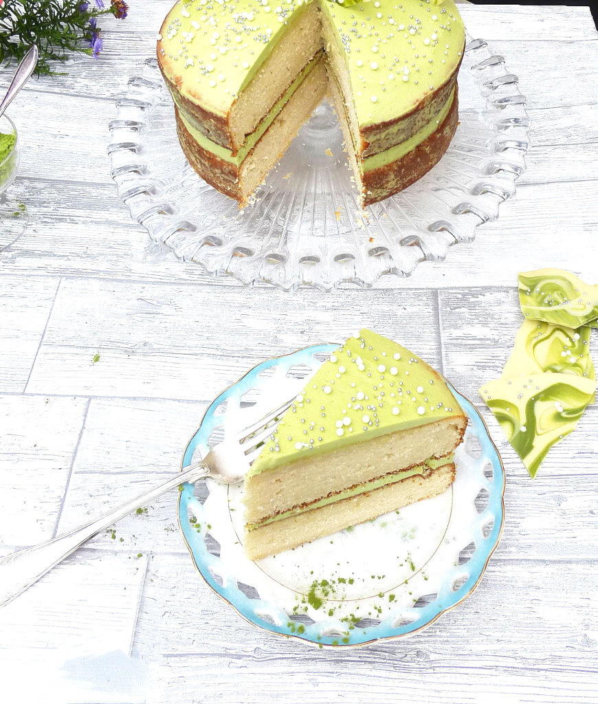 White Chocolate Shard Cake with a White Chocolate Matcha Frosting