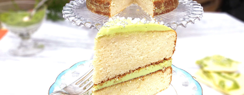 White Chocolate Shard Cake with a White Chocolate Matcha Frosting