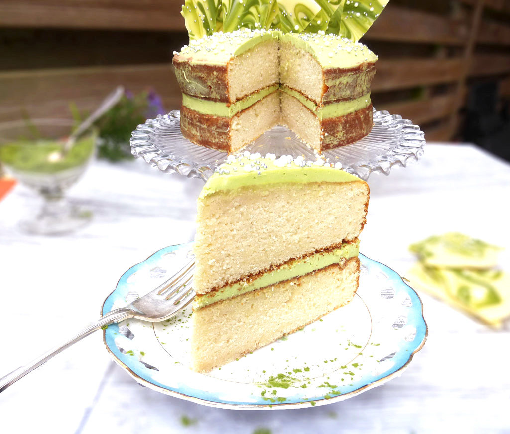 White Chocolate Shard Cake with a White Chocolate Matcha Frosting