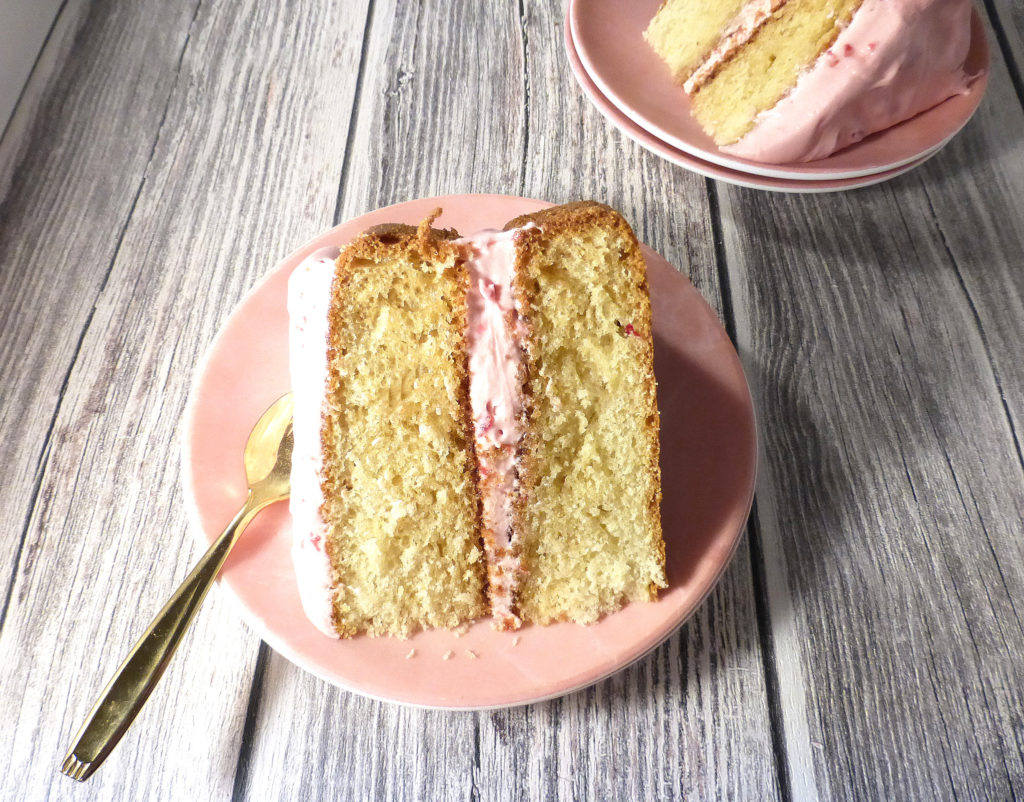 Vanilla Olive Oil Cake with Cherry & Raspberry Frosting (gluten free)