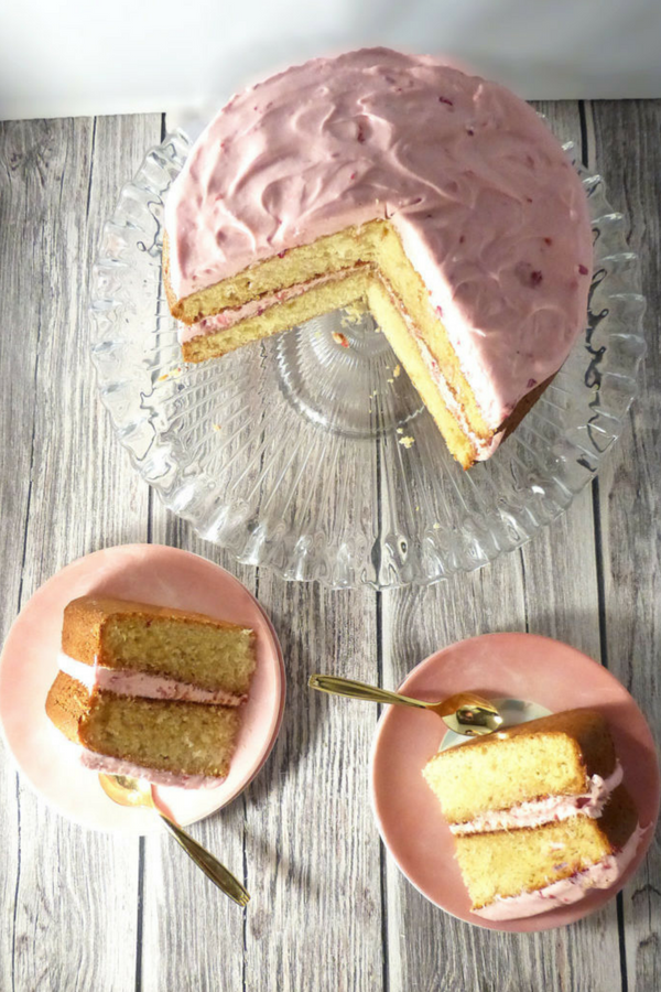 Vanilla Olive Oil Cake with Cherry & Raspberry Frosting (gluten free)