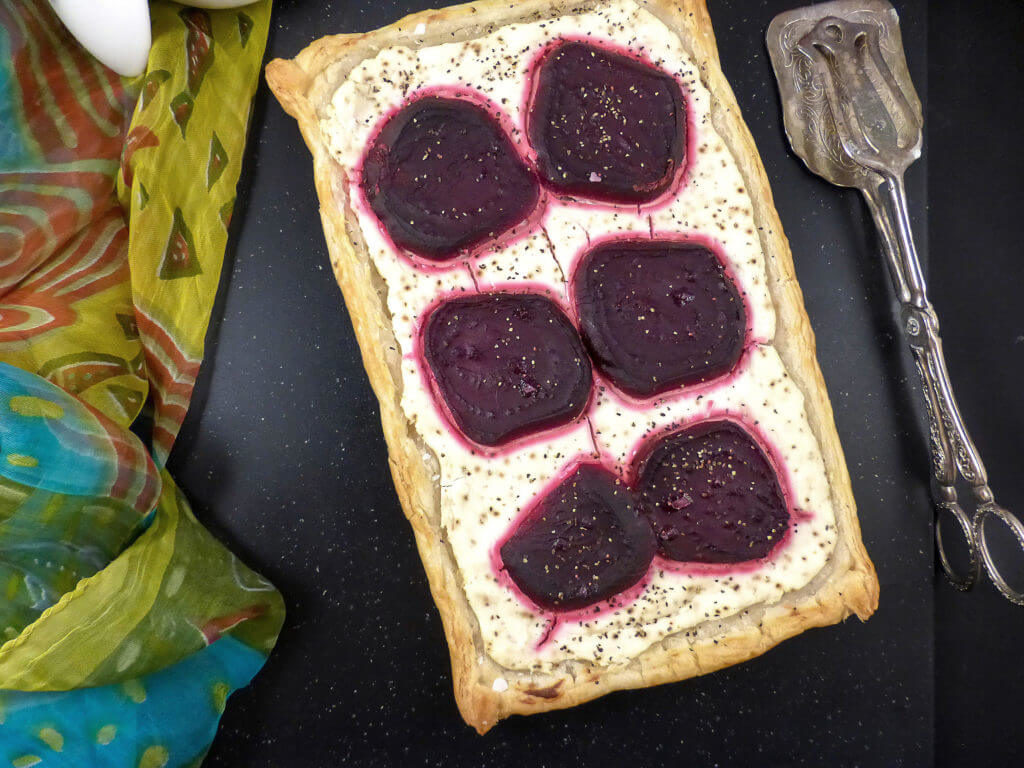 Beetroot and Black Pepper Savoury Puff Pastry with Greek Yoghurt and Cream Cheese