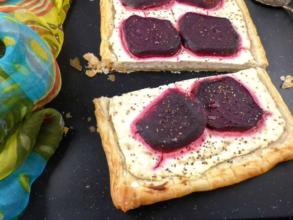 Beetroot and Black Pepper Savoury Puff Pastry with Greek Yoghurt and Cream Cheese