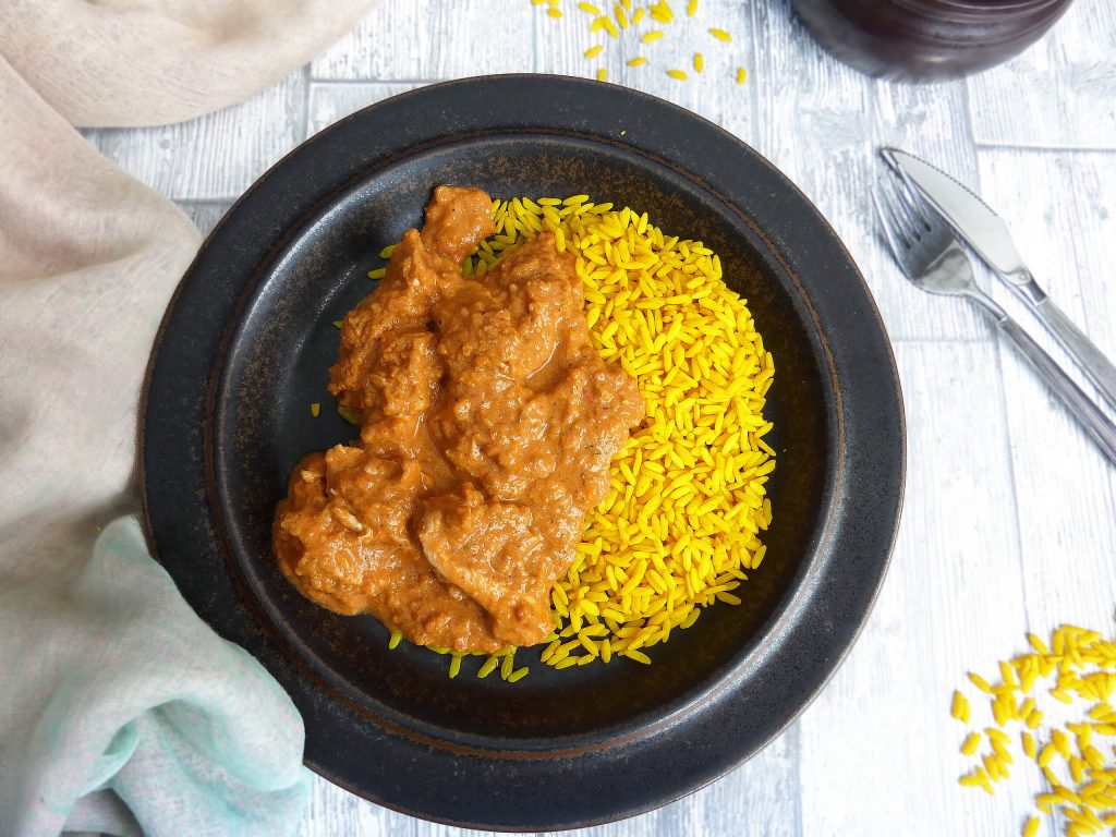 Hidden Vegetable Garlic Chilli Chicken Curry with Turmeric Rice