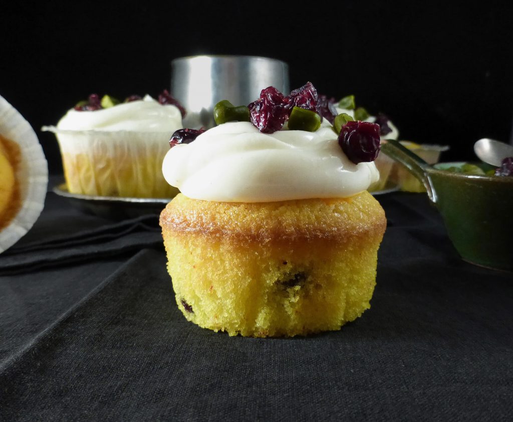 Saffron & Cranberry Cupcakes with Vanilla Cream Cheese Frosting (gluten free)